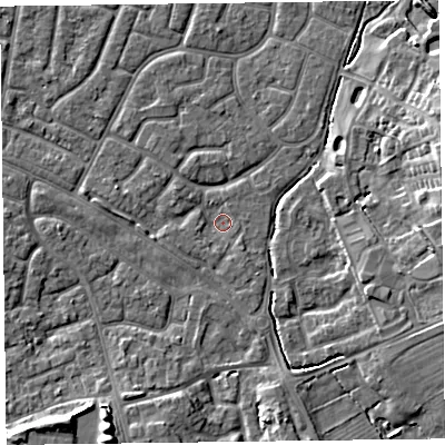 Shaded relief map of the ground around FY53NA, computed from Environment Agency LiDAR. The ground here sits at about 4 m above sea level and falls 8 m across the surrounding 800 m. Surface water reaching this point runs off ground lying to the east-north-east, 7.6 m higher.