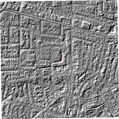 Shaded relief map of the ground around FY53NB, computed from Environment Agency LiDAR. The ground here sits at about 4 m above sea level and falls 2 m across the surrounding 800 m. Surface water reaching this point runs off ground lying to the north-west, 1.2 m higher.