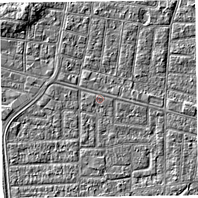 Shaded relief map of the ground around FY53NE, computed from Environment Agency LiDAR. The ground here sits at about 5 m above sea level and falls 4 m across the surrounding 800 m. The ground contributing surface water to this point lies to the south-south-east.