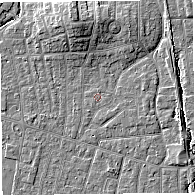 Shaded relief map of the ground around FY53NF, computed from Environment Agency LiDAR. The ground here sits at about 5 m above sea level and falls 9 m across the surrounding 800 m. Surface water reaching this point runs off ground lying to the south-east, 1.3 m higher.