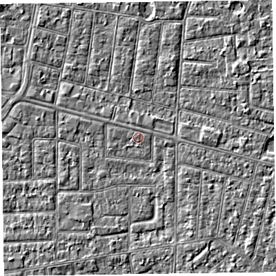Shaded relief map of the ground around FY53NG, computed from Environment Agency LiDAR. The ground here sits at about 5 m above sea level and falls 2 m across the surrounding 800 m. Surface water reaching this point runs off ground lying to the north-north-east, 0.6 m higher.