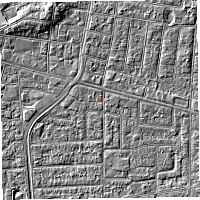 Shaded relief map of the ground around FY53NH, computed from Environment Agency LiDAR. The ground here sits at about 5 m above sea level and falls 5 m across the surrounding 800 m. Surface water reaching this point runs off ground lying to the north, 0.5 m higher.