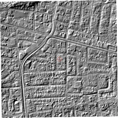 Shaded relief map of the ground around FY53NJ, computed from Environment Agency LiDAR. The ground here sits at about 5 m above sea level and falls 4 m across the surrounding 800 m. The ground contributing surface water to this point lies to the east.