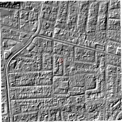 Shaded relief map of the ground around FY53NL, computed from Environment Agency LiDAR. The ground here sits at about 5 m above sea level and falls 3 m across the surrounding 800 m. Surface water reaching this point runs off ground lying to the north, 0.8 m higher.