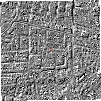 Shaded relief map of the ground around FY53NN, computed from Environment Agency LiDAR. The ground here sits at about 4 m above sea level and falls 2 m across the surrounding 800 m. The ground contributing surface water to this point lies to the west.