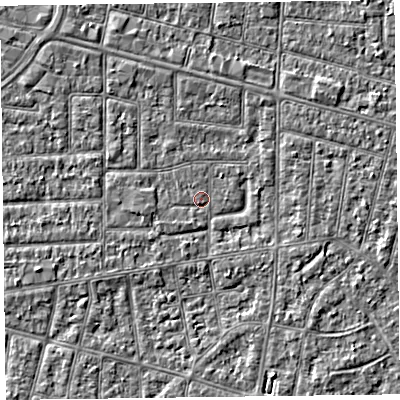 Shaded relief map of the ground around FY53NP, computed from Environment Agency LiDAR. The ground here sits at about 4 m above sea level and falls 2 m across the surrounding 800 m. Surface water reaching this point runs off ground lying to the north-north-west, 1.1 m higher.