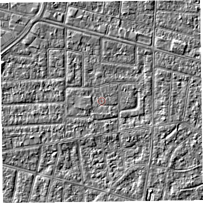 Shaded relief map of the ground around FY53NR, computed from Environment Agency LiDAR. The ground here sits at about 4 m above sea level and falls 2 m across the surrounding 800 m. Surface water reaching this point runs off ground lying to the north-north-west, 1.1 m higher.