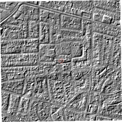 Shaded relief map of the ground around FY53NS, computed from Environment Agency LiDAR. The ground here sits at about 4 m above sea level and falls 2 m across the surrounding 800 m. Surface water reaching this point runs off ground lying to the south-east, 0.8 m higher.