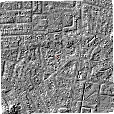 Shaded relief map of the ground around FY53NT, computed from Environment Agency LiDAR. The ground here sits at about 4 m above sea level and falls 5 m across the surrounding 800 m. Surface water reaching this point runs off ground lying to the north-north-east, 1.4 m higher.