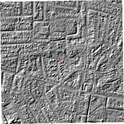 Shaded relief map of the ground around FY53NU, computed from Environment Agency LiDAR. The ground here sits at about 4 m above sea level and falls 4 m across the surrounding 800 m. Surface water reaching this point runs off ground lying to the north-north-east, 1.4 m higher.