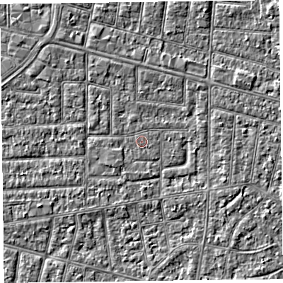 Shaded relief map of the ground around FY53NW, computed from Environment Agency LiDAR. The ground here sits at about 4 m above sea level and falls 2 m across the surrounding 800 m. The ground contributing surface water to this point lies to the south-east.