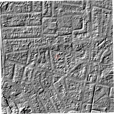 Shaded relief map of the ground around FY53NX, computed from Environment Agency LiDAR. The ground here sits at about 4 m above sea level and falls 5 m across the surrounding 800 m. Surface water reaching this point runs off ground lying to the south-west, 0.7 m higher.