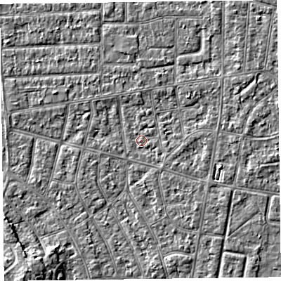Shaded relief map of the ground around FY53NY, computed from Environment Agency LiDAR. The ground here sits at about 4 m above sea level and falls 6 m across the surrounding 800 m. Surface water reaching this point runs off ground lying to the north-east, 1.4 m higher.