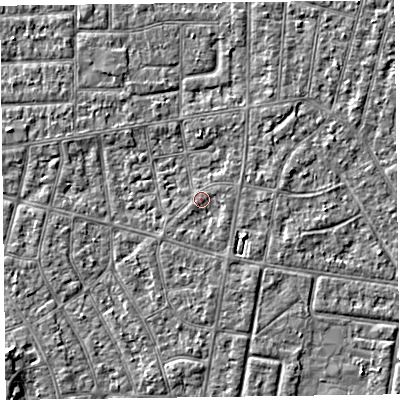Shaded relief map of the ground around FY53PA, computed from Environment Agency LiDAR. The ground here sits at about 4 m above sea level and falls 3 m across the surrounding 800 m. Surface water reaching this point runs off ground lying to the south, 0.8 m higher.
