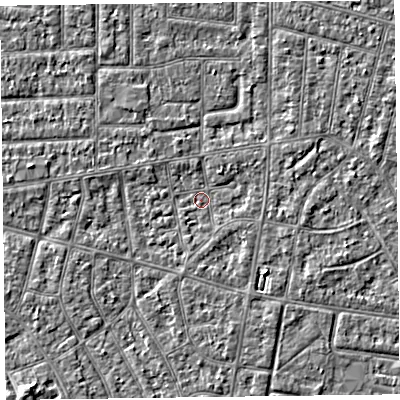 Shaded relief map of the ground around FY53PB, computed from Environment Agency LiDAR. The ground here sits at about 4 m above sea level and falls 3 m across the surrounding 800 m. Surface water reaching this point runs off ground lying to the north-north-east, 1.4 m higher.