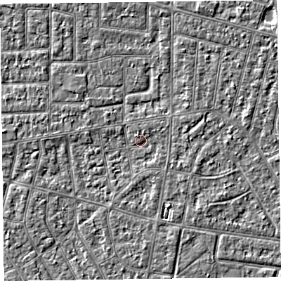 Shaded relief map of the ground around FY53PD, computed from Environment Agency LiDAR. The ground here sits at about 4 m above sea level and falls 2 m across the surrounding 800 m. Surface water reaching this point runs off ground lying to the east-north-east, 1.1 m higher.
