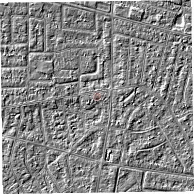 Shaded relief map of the ground around FY53PE, computed from Environment Agency LiDAR. The ground here sits at about 4 m above sea level and falls 2 m across the surrounding 800 m. The ground contributing surface water to this point lies to the east.