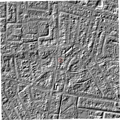 Shaded relief map of the ground around FY53PF, computed from Environment Agency LiDAR. The ground here sits at about 4 m above sea level and falls 2 m across the surrounding 800 m. Surface water reaching this point runs off ground lying to the north-north-east, 0.7 m higher.
