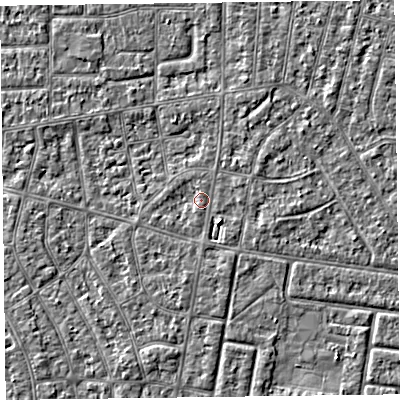 Shaded relief map of the ground around FY53PG, computed from Environment Agency LiDAR. The ground here sits at about 4 m above sea level and falls 2 m across the surrounding 800 m. Surface water reaching this point runs off ground lying to the north-north-east, 0.9 m higher.