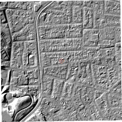 Shaded relief map of the ground around FY53PH, computed from Environment Agency LiDAR. The ground here sits at about 4 m above sea level and falls 9 m across the surrounding 800 m. Surface water reaching this point runs off ground lying to the north-east, 0.9 m higher.