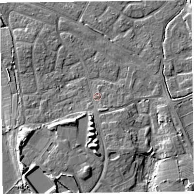 Shaded relief map of the ground around FY53PJ, computed from Environment Agency LiDAR. The ground here sits at about 5 m above sea level and falls 9 m across the surrounding 800 m. Surface water reaching this point runs off ground lying to the south, 2.1 m higher.