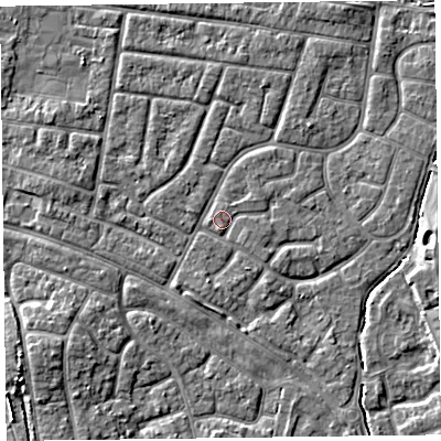 Shaded relief map of the ground around FY53PL, computed from Environment Agency LiDAR. The ground here sits at about 4 m above sea level and falls 4 m across the surrounding 800 m. Surface water reaching this point runs off ground lying to the south-south-west, 1.2 m higher.