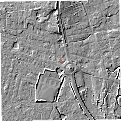 Shaded relief map of the ground around FY53PN, computed from Environment Agency LiDAR. The ground here sits at about 5 m above sea level and falls 7 m across the surrounding 800 m. Surface water reaching this point runs off ground lying to the south-south-east, 1.2 m higher.
