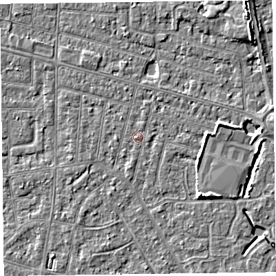 Shaded relief map of the ground around FY53PP, computed from Environment Agency LiDAR. The ground here sits at about 5 m above sea level and falls 6 m across the surrounding 800 m. Surface water reaching this point runs off ground lying to the east, 2.7 m higher.