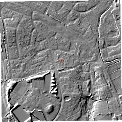 Shaded relief map of the ground around FY53PQ, computed from Environment Agency LiDAR. The ground here sits at about 5 m above sea level and falls 9 m across the surrounding 800 m. Surface water reaching this point runs off ground lying to the south, 1.9 m higher.