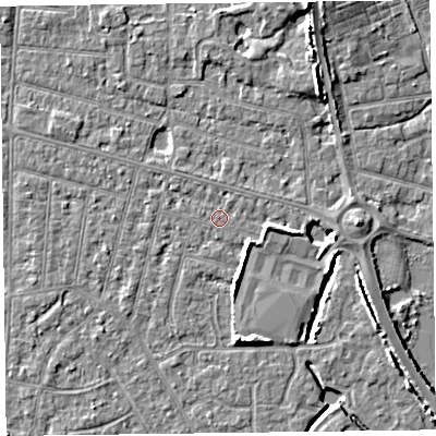 Shaded relief map of the ground around FY53PR, computed from Environment Agency LiDAR. The ground here sits at about 5 m above sea level and falls 7 m across the surrounding 800 m. Surface water reaching this point runs off ground lying to the east-south-east, 3.7 m higher.