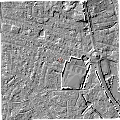 Shaded relief map of the ground around FY53PS, computed from Environment Agency LiDAR. The ground here sits at about 5 m above sea level and falls 6 m across the surrounding 800 m. Surface water reaching this point runs off ground lying to the east-south-east, 2.6 m higher.