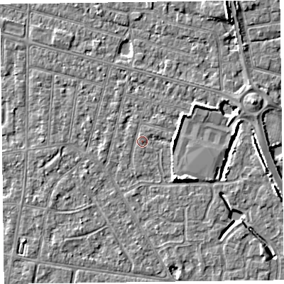Shaded relief map of the ground around FY53PT, computed from Environment Agency LiDAR. The ground here sits at about 5 m above sea level and falls 6 m across the surrounding 800 m. Surface water reaching this point runs off ground lying to the east-north-east, 2.6 m higher.