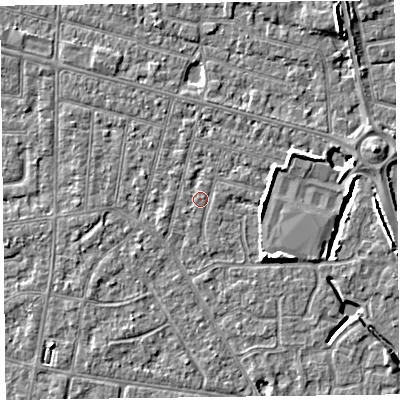 Shaded relief map of the ground around FY53PU, computed from Environment Agency LiDAR. The ground here sits at about 5 m above sea level and falls 6 m across the surrounding 800 m. Surface water reaching this point runs off ground lying to the east-north-east, 2.7 m higher.
