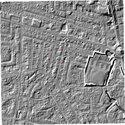 Shaded relief map of the ground around FY53PW, computed from Environment Agency LiDAR. The ground here sits at about 5 m above sea level and falls 6 m across the surrounding 800 m. Surface water reaching this point runs off ground lying to the east, 2.7 m higher.
