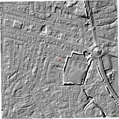 Shaded relief map of the ground around FY53PX, computed from Environment Agency LiDAR. The ground here sits at about 5 m above sea level and falls 6 m across the surrounding 800 m. Surface water reaching this point runs off ground lying to the east, 2.6 m higher.