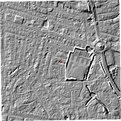 Shaded relief map of the ground around FY53PY, computed from Environment Agency LiDAR. The ground here sits at about 5 m above sea level and falls 6 m across the surrounding 800 m. Surface water reaching this point runs off ground lying to the west, 1.0 m higher.