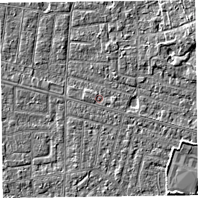 Shaded relief map of the ground around FY53PZ, computed from Environment Agency LiDAR. The ground here sits at about 5 m above sea level and falls 5 m across the surrounding 800 m. Surface water reaching this point runs off ground lying to the west-south-west, 0.7 m higher.
