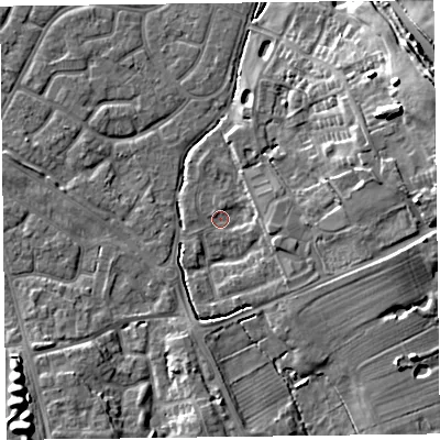 Shaded relief map of the ground around FY53QA, computed from Environment Agency LiDAR. The ground here sits at about 4 m above sea level and falls 14 m across the surrounding 800 m. Surface water reaching this point runs off ground lying to the east, 2.0 m higher.