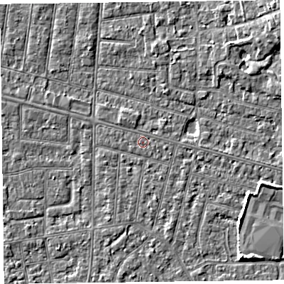 Shaded relief map of the ground around FY53QB, computed from Environment Agency LiDAR. The ground here sits at about 5 m above sea level and falls 5 m across the surrounding 800 m. The ground contributing surface water to this point lies to the east-south-east.