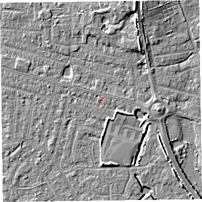 Shaded relief map of the ground around FY53QD, computed from Environment Agency LiDAR. The ground here sits at about 5 m above sea level and falls 7 m across the surrounding 800 m. Surface water reaching this point runs off ground lying to the east-south-east, 3.7 m higher.