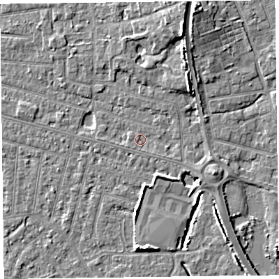 Shaded relief map of the ground around FY53QE, computed from Environment Agency LiDAR. The ground here sits at about 5 m above sea level and falls 7 m across the surrounding 800 m. Surface water reaching this point runs off ground lying to the south-east, 0.7 m higher.