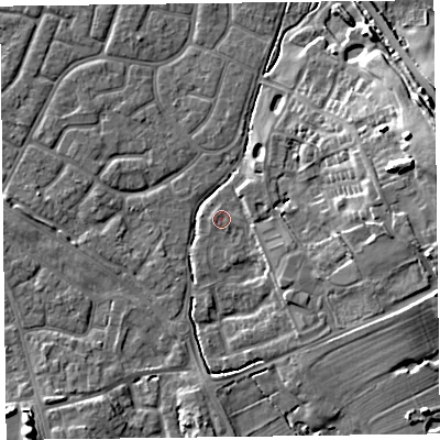 Shaded relief map of the ground around FY53QF, computed from Environment Agency LiDAR. The ground here sits at about 5 m above sea level and falls 12 m across the surrounding 800 m. Surface water reaching this point runs off ground lying to the west, 0.5 m higher.