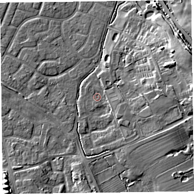 Shaded relief map of the ground around FY53QG, computed from Environment Agency LiDAR. The ground here sits at about 5 m above sea level and falls 15 m across the surrounding 800 m. Surface water reaching this point runs off ground lying to the east-south-east, 1.5 m higher.