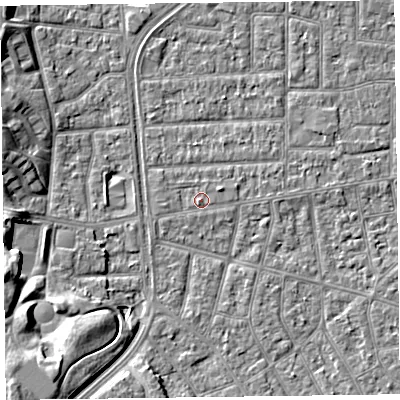 Shaded relief map of the ground around FY53QH, computed from Environment Agency LiDAR. The ground here sits at about 5 m above sea level and falls 10 m across the surrounding 800 m. Surface water reaching this point runs off ground lying to the east-north-east, 0.9 m higher.