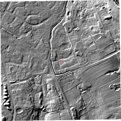 Shaded relief map of the ground around FY53QJ, computed from Environment Agency LiDAR. The ground here sits at about 4 m above sea level and falls 13 m across the surrounding 800 m. Surface water reaching this point runs off ground lying to the east-north-east, 10.9 m higher.