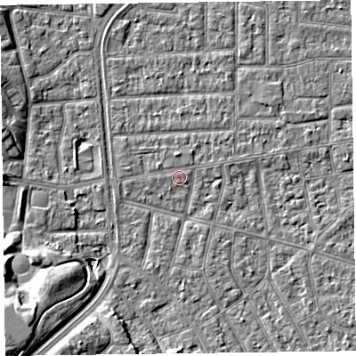 Shaded relief map of the ground around FY53QL, computed from Environment Agency LiDAR. The ground here sits at about 4 m above sea level and falls 9 m across the surrounding 800 m. Surface water reaching this point runs off ground lying to the south-west, 9.2 m higher.