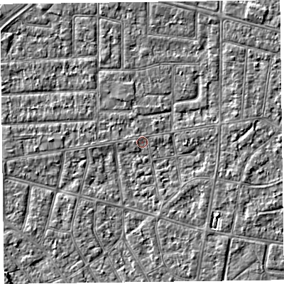 Shaded relief map of the ground around FY53QN, computed from Environment Agency LiDAR. The ground here sits at about 4 m above sea level and falls 3 m across the surrounding 800 m. Surface water reaching this point runs off ground lying to the north, 1.5 m higher.