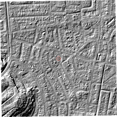 Shaded relief map of the ground around FY53QP, computed from Environment Agency LiDAR. The ground here sits at about 4 m above sea level and falls 6 m across the surrounding 800 m. Surface water reaching this point runs off ground lying to the east, 1.9 m higher.