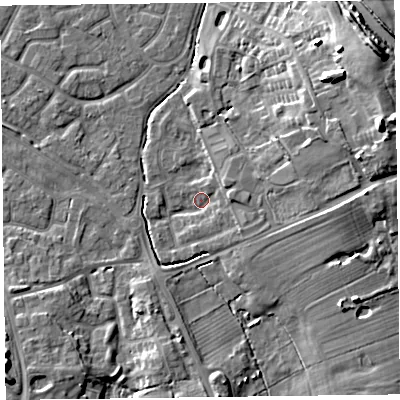 Shaded relief map of the ground around FY53QQ, computed from Environment Agency LiDAR. The ground here sits at about 5 m above sea level and falls 15 m across the surrounding 800 m. Surface water reaching this point runs off ground lying to the east-north-east, 13.9 m higher.