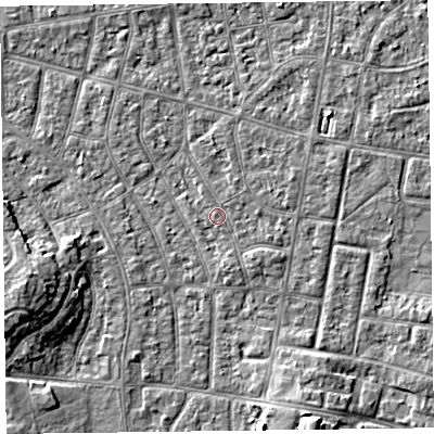Shaded relief map of the ground around FY53QR, computed from Environment Agency LiDAR. The ground here sits at about 4 m above sea level and falls 6 m across the surrounding 800 m. Surface water reaching this point runs off ground lying to the east-south-east, 0.7 m higher.